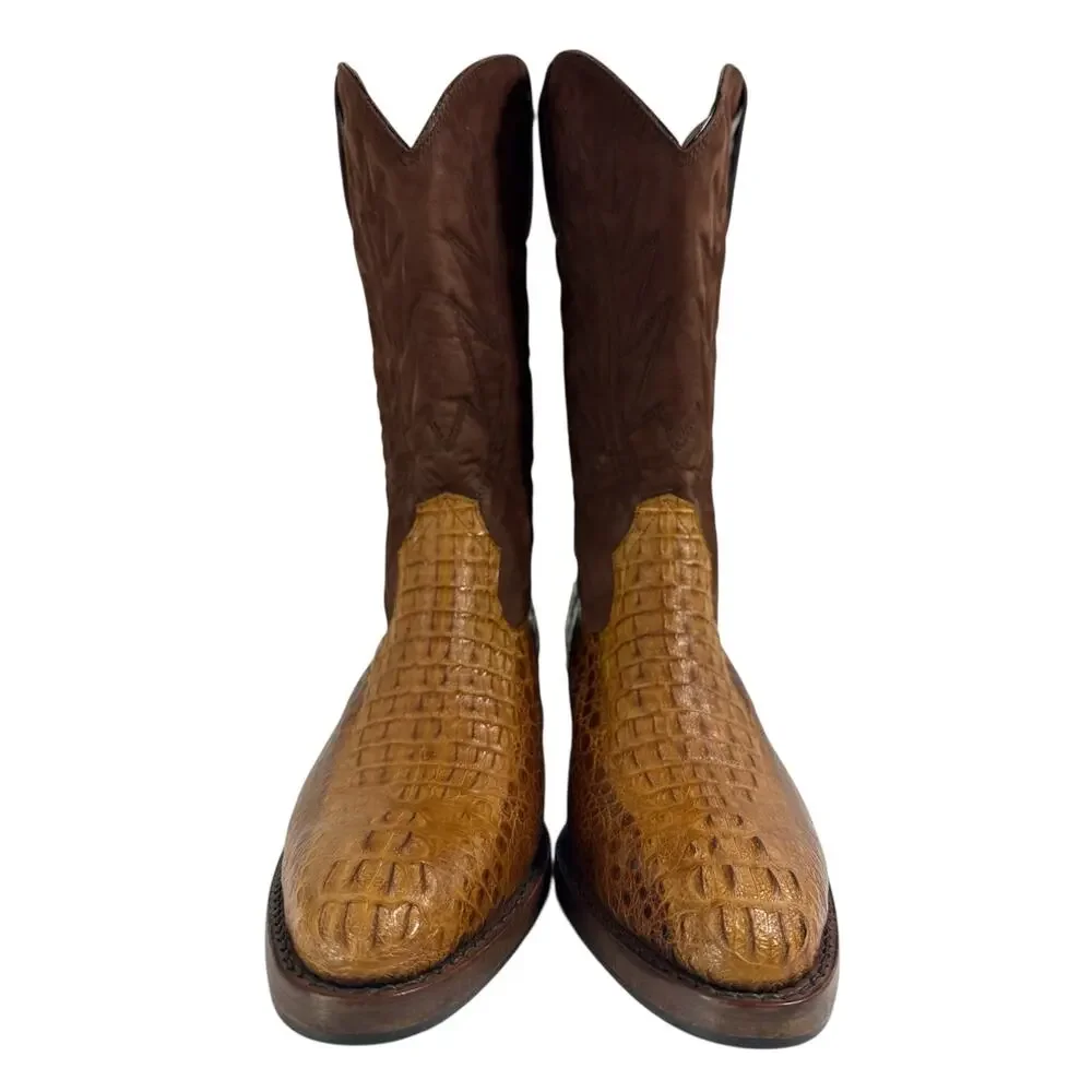 Men’s Custom Made Western Cowboy Boots Croc Embossed Leather Brown US 9.5 New